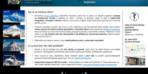 Motivační přednáška o boji s rakovinou o vzájemné spolupráci na Cho Oyu (8201 m)